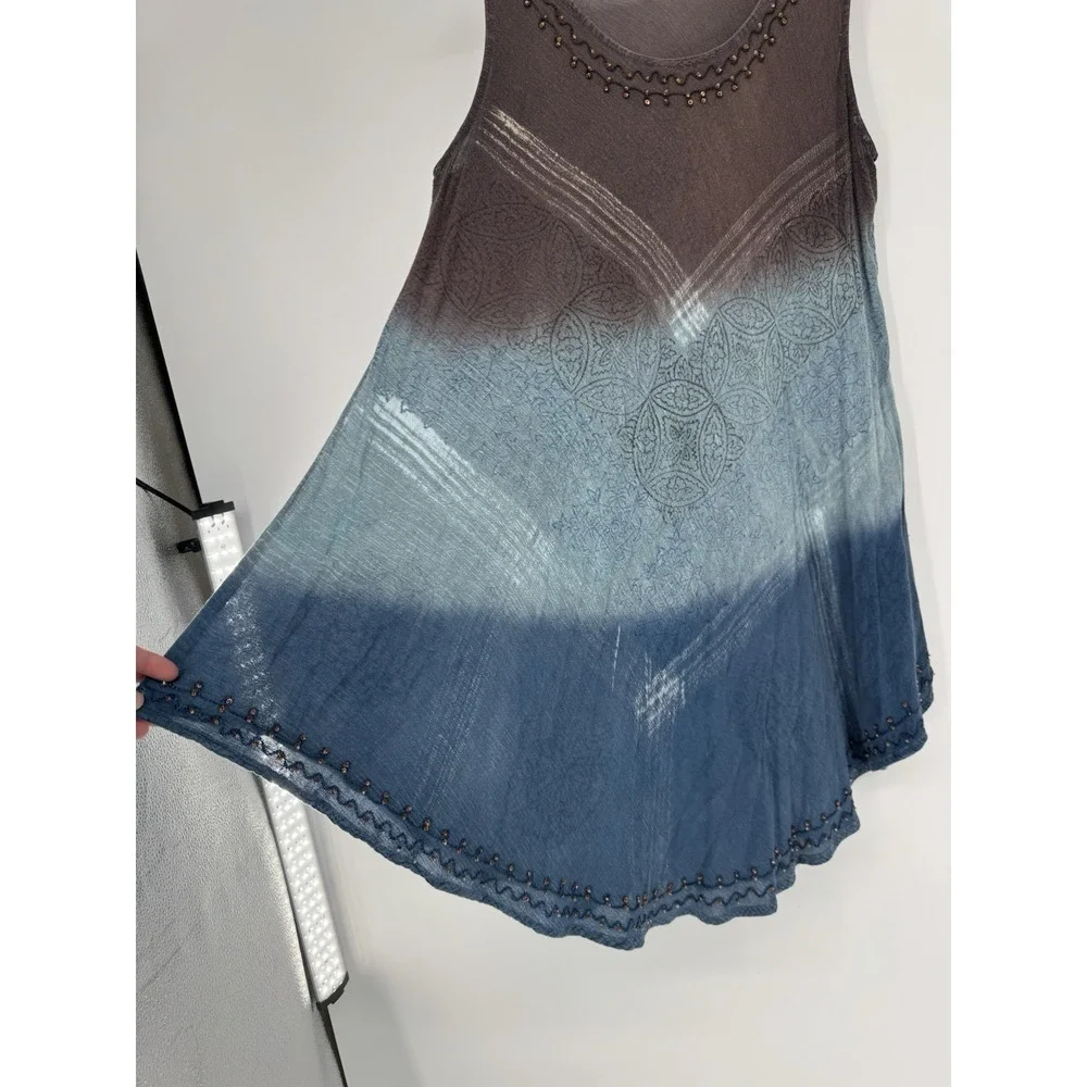Greater Good Tank Midi Dress One Size Blue Brown Scoop Neck Beaded cover up boho